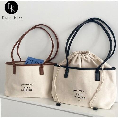 Ladies Canvas Shoulder Bag Female Retro PU Stitching Drawstring Design Totes Trend Large-Capacity Casual Travel Bag for Women