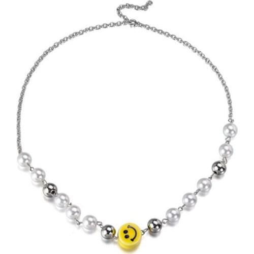Stainless Steel Hip Hop Smiley Face Street Dance Pearl Pendant Necklace Jewelry Gift For Him