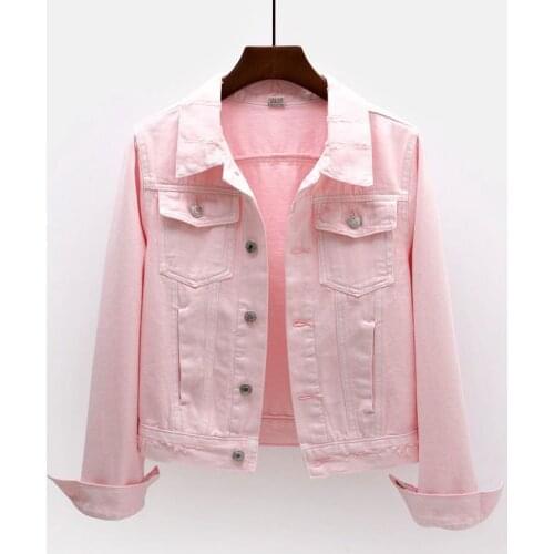 Pink Denim Jacket Women Korean Long sleeve Slim Outerwear Chaqueta Mujer Spring New Fashion Holes Short Jeans Jacket Coat Female