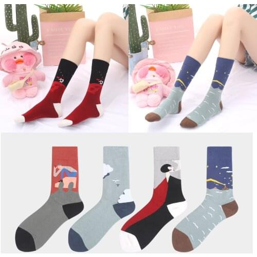 Street Creative Illustration Retro Abstract Character Womens Socks Planet Universe Trend Tube Retro Couple Astronaut Animal Fun