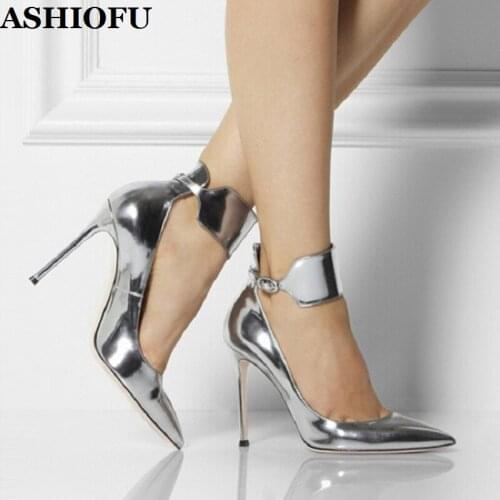 ASHIOFU New Arrival Ladies Stiletto Heel Pumps Buckle Ankle Strap Party Dress Shoes Bright Sexy Evening Fashion Court Shoes
