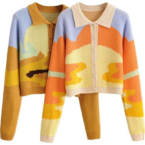 2021 Womens Button Down Sweater Tops 90s Girls Casual Long Sleeve Sweaters Fashion Color Block Knitted Lapel Cardigan Outwear