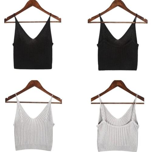 Women Sexy Knitted Crop Top V-neck Slim Strappy Vest Camisole Casual Solid High Elastic Basic Tank Sleeveless Short Shirts
