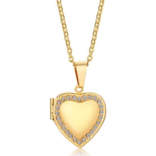 2021 Europe And America Heart-shaped Stainless Steel Inlaid Zircon Pendant Love Heart Openable Photo Box Necklace For Women
