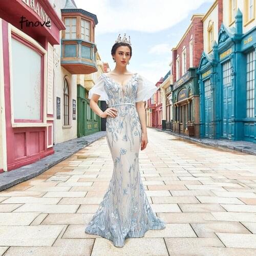 Finove 2020 Sexy Mermaid Evening Dresses Long Short Sleeves V Neck Appliques Floor Length Party Dress Gowns For Women