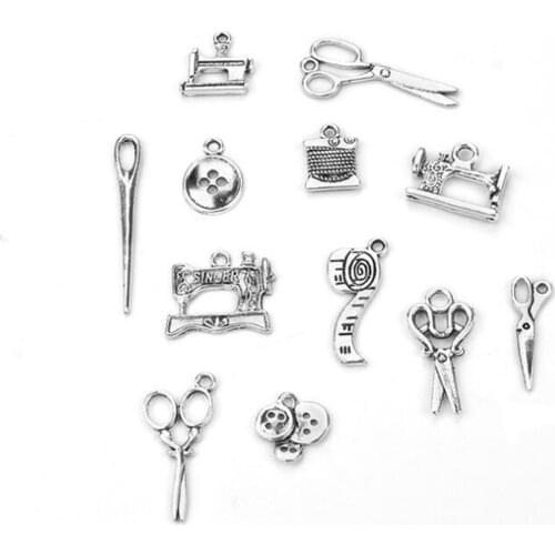 12pcs/lot Mix Tibetan Alloy Button Needle Scissors Sewing Machine Charms Pendant for Bracelet Necklace Tailor Jewelry Findings
