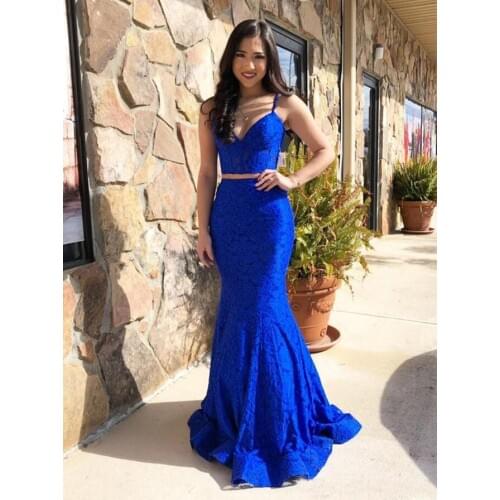 2 Piece Lace Mermaid Prom Dresses Long Spaghetti Straps V Neck Formal Evening Party Gowns Robe De Soiree