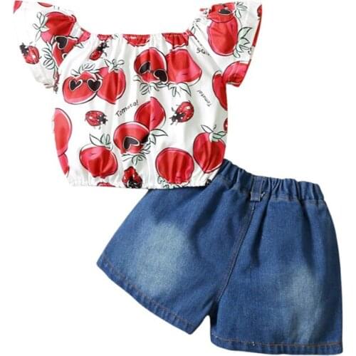 Pudcoco 3-24M 2Pcs Summer Cherry Print Cute Sweet Off-the-Shoulder Short Sleeve Tops+Denim Shorts Pants Trousers Outfit Sets