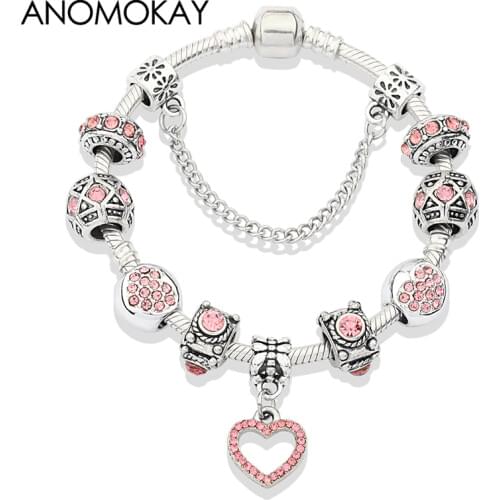 2021 New Romantic Pink Crystal Heart Couple Charm Bracelet Silver Color Love Bead Bracelet for Lovers Gift