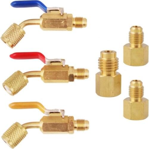 6Pcs Air Conditioning Refrigerant Ball Valve Angled Compact Copper HVAC AC Vacuum Pump Adapter for Car Refrigerant Tank Adapter
