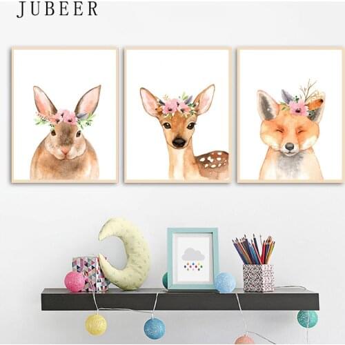 Nordic Style Watercolor Cute Animal Poster and Print Nursery Art Wall Picture Rabbit Deer Childrens Room Decoration Painting