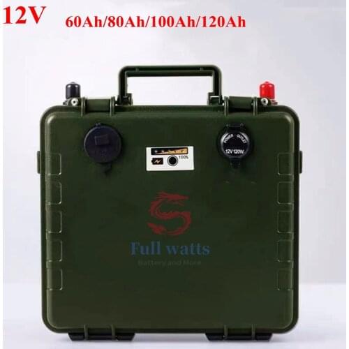 Army green waterproof case 12V 30Ah 60Ah 80Ah 100Ah 120Ah lithium battery pack for Outdoor portable power supply +charger