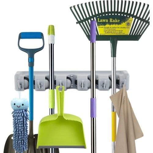 Mop Broom Holder Broom Organizer Key Rack Towel Hooks 5 Non-slip with 6 Hooks Wall Closet Mounted Organizer Brooms Mops Rakes