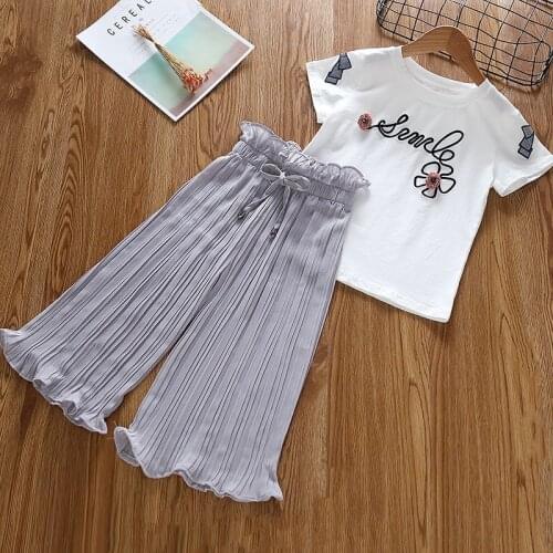 Kids Girls Two-piece Sets Summer Children Clothing Fashion Flower T-shirt Wide Leg Pants Pink Gray 2-10 Years Baby Clothes Suit