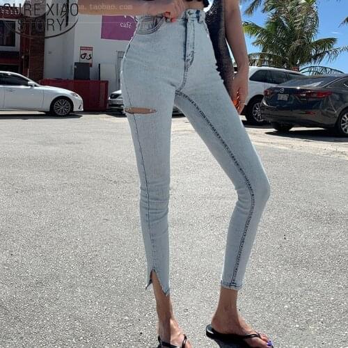 Streetwear Light Blue High Waist Stretch Skinny Women Jeans Pants Split Ripped Hole Pencil Jeans 2021 Women Trousers 10397