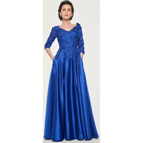 Tanpell Elegant V-Neck Appliques Half Sleeves Button Stain Formal Evening Gown Party Dress Robe De Soiree 2019
