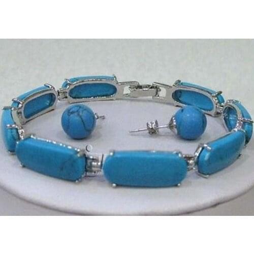 Hot sell new - Blue Turquoise Link Bracelet Earrings Set118K gold plated watch Quartz stone CZ crystal