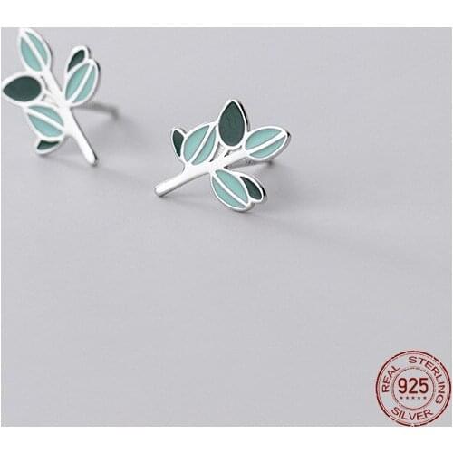 LKO 925 Sterling Silver Fashion Green Glaze Leaves Leaf Stud Earrings For Women Wedding Birthday Present Jewelry Ornaments