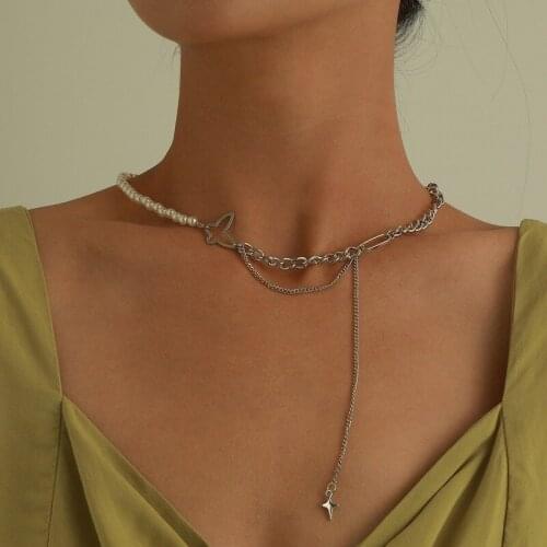 Fashion Womens Necklace Half Pearl Butterfly Clasp Necklace Bohemian Style Star Necklace For Ladies Jewelry Accessories 2021