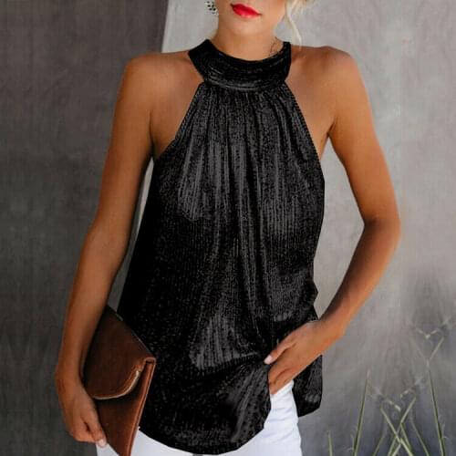 Fashion High Neck Tops Summer Women Sleeveless Halter Tank Top Vest Gold Casual Loose Blouse Tunic Shirt Tee