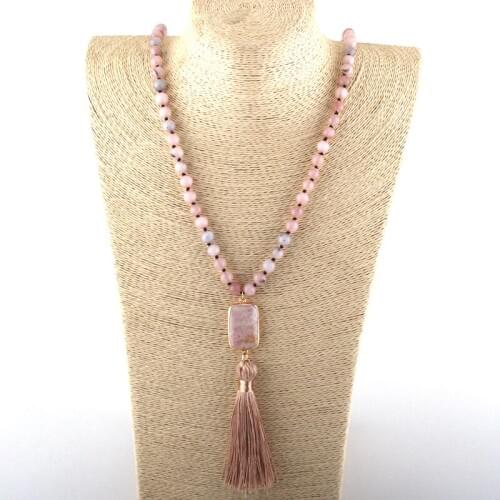 MOODPC Fashion Bohemian Tribal Jewelry Natural Stone Knotted Stone Link Beige Tassel Necklaces Women Ethnic Necklace