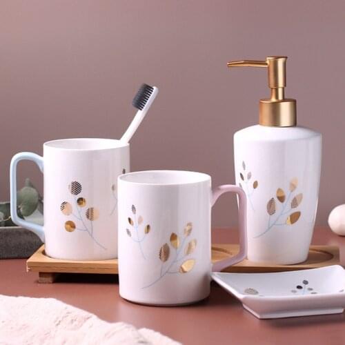 Glass Ceramic Bathroom Accessories Set With Wood Tray Couple Mouthwash Cup Household Ceramic Toothbrush HolderLotion Bottle Soap