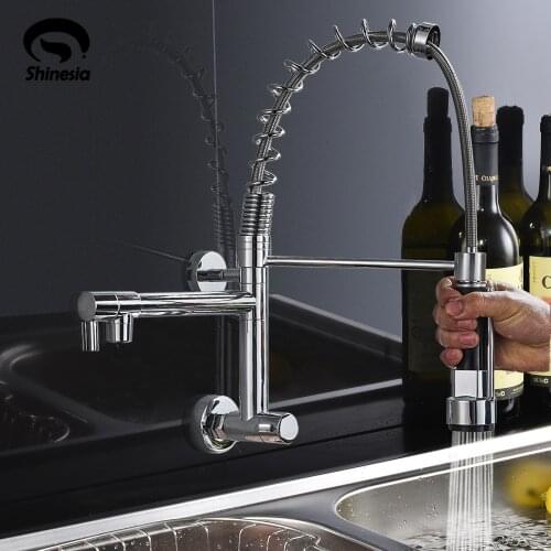 New Chrome Polish Pull Down Spring Kitchen Faucet Swivel Dual Spout Vessel Kitchen Sink Mixer Tap Single Cold Mixer Wall Mounted