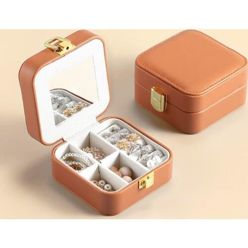 New Leather Jewelry Storage Box Pumpkin Color Mini Portable Earring Holder Jewellery Display Case Organizer