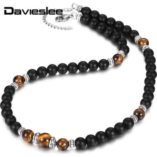 Beaded Necklace for Men Women Natural Stone Mixed Black Matte Tiger Eye Stone Charm Lobster Clasp Adjustable Jewelry DDN145