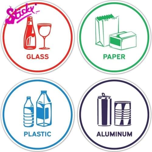 STICKY Recycling Sorting Sticker Signs Decals - Paper, Aluminum, Plastic, Glass (Set Of 4 Stickers) Car Sticker Decal Decor