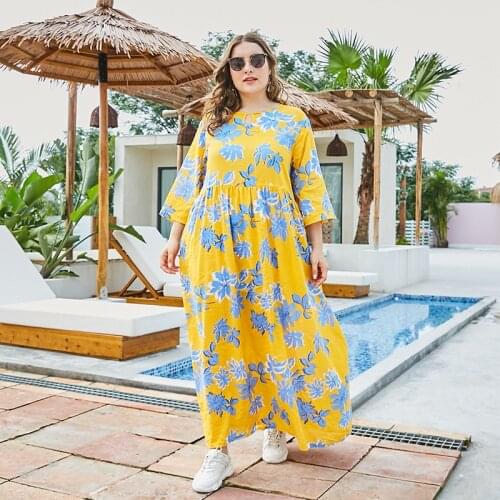 DOIB Yellow Print Large Size Dress Maxi Round Neck Sweet Long Plus Size Arabian Dresses Autumn Loose Casual Dress 4XL