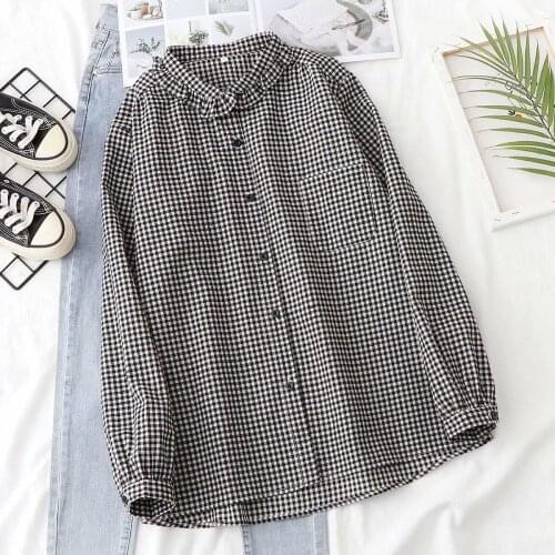Japanese forest female wild small lattice long-sleeved shirt loose doll fungus collar spring and autumn new blouse shirt