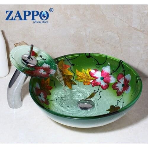 ZAPPO Bathroom Glass Sink With Water Pop Up Drain Basin Set Noverl Design Flower Deck Mounted Chrome Finish Faucet Washbasin
