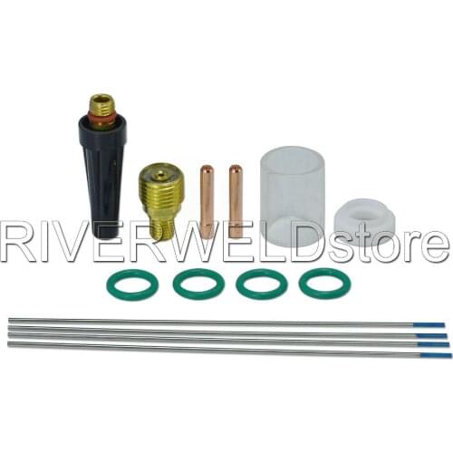 WP 9/20/25 TIG Welder Welding Torch Consumables KIT #10 Pyrex Cup & Medium Back Cup & Gas Lens Collet Body 1.6mm, 14pcs