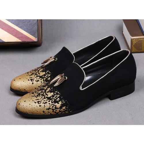 Korean Style Italian Men Dress Shoes Metallic Genuine Leather Round Toe Autumn Slippers Formal Tassel Shoes Zapatillas Hombre