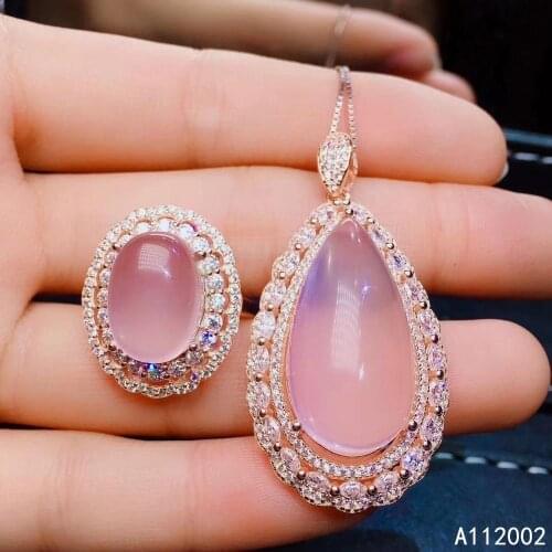 KJJEAXCMY fine jewelry natural Rose Quartz 925 sterling silver women pendant necklace ring set support test trendy hot selling