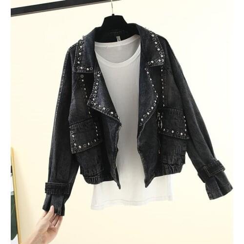 Spring Autumn Harajuku Denim Jacket Womens 2021 New Korean Fashion Loose BF Hong Kong Style Beaded Locomotive Jeans Coat Female