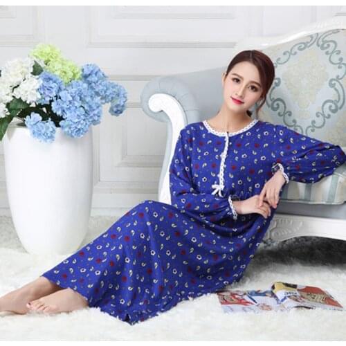 Nightdress printing new spring and autumn womens long-sleeved cotton loose long nuisette nightdress royal blue home service