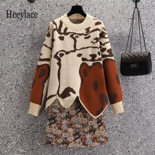 Plus Size Sets Women Autumn Winter Knitted Long Sleeve Print Irregular Sweater And skirt two-piece suits Korean Casual Outfits