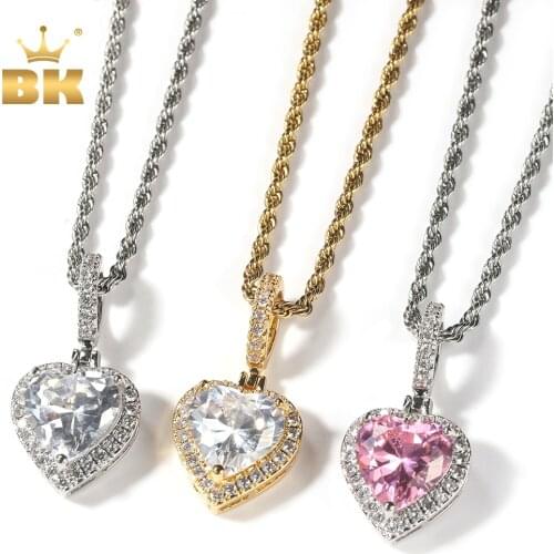 THE BLING KING Heart Crystal Pendent Necklaces Iced Out Pink Cubic Zirconia Charm Necklace For Women Fashion Hiphop Jewelry
