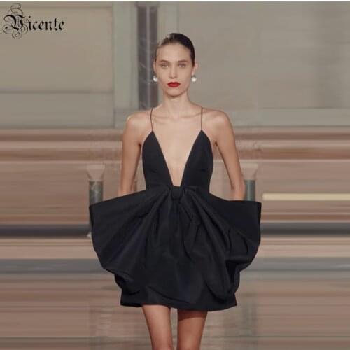 VC 2021 New Sling Dress For Women Big Bow Deep V-neck Sexy Black Swan Backless Sleeveless Sling Bandage Dress