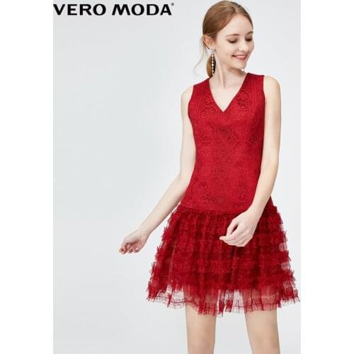 Vero Moda Women V-Neck Mesh Stitched Lace Sleeveless Party Dress | 32017A511