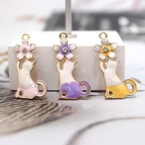 10pcs/lot 14*29MM Cute Animals Cat Enamel Flower Charms for DIY Earring Jewelry Handmade Headwear Accessories Finding New XL777