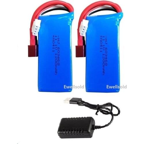 2PCS 11.1v 1200mah 3S T Plug with USB Charger for WLtoys Car WL915 High Speed Vehicle F1 Racing Boat Parts RC Battery