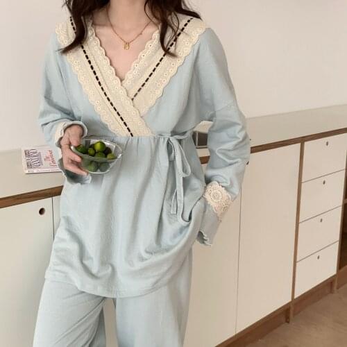 Pregnant Women Lace Trim 2PCS Pajama Sets Maternity kimono Cotton Sleepwear Breastfeeding Nightwear Spring Autumn Loose Homewear