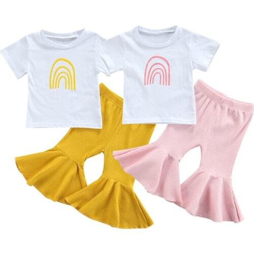 2021 Girl Clothes Set Rainbow Pattern Print Short Sleeve Tshirt+ Bright Color Flared Pants Summer Infant Girl Clothing Suit