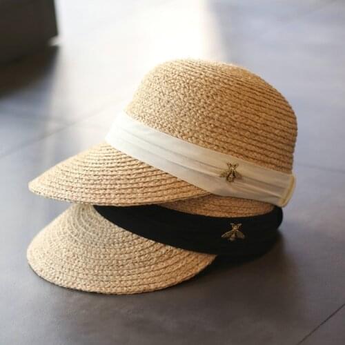 202101-YZ spring summer raffia STRAW ribbon bee leisure lady Octagonal hat women visors cap