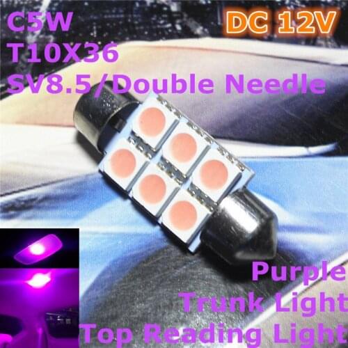 12V LED Car Purple Color Double Needle Bulb Lamp(2*3*5050 SMD Lamp)C5W 36mm for Top Reading Trunk Licence Board Light