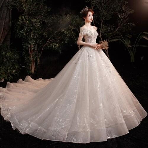 Sparkly Luxury Wedding Dress Boat Neck Short Sleeves Beads Sequins Bridal Ball Gown Royal Train Vestido De Noiva Robe De Mariee