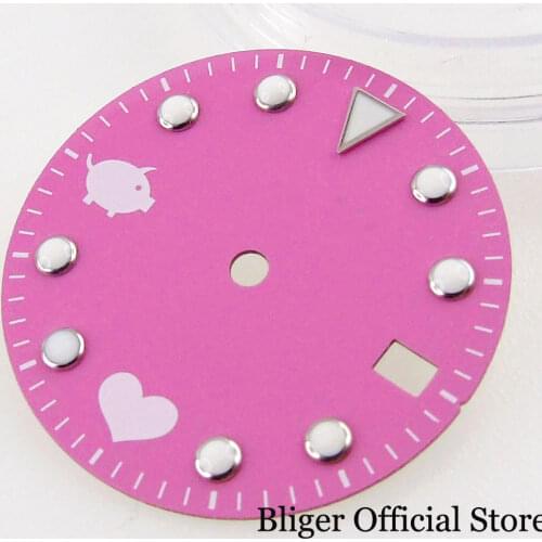 BLIGER Nologo 28.5mm Pink Pig-shaped Polished Steel Watch Dial fit NH35A Date Window Luminous Marks